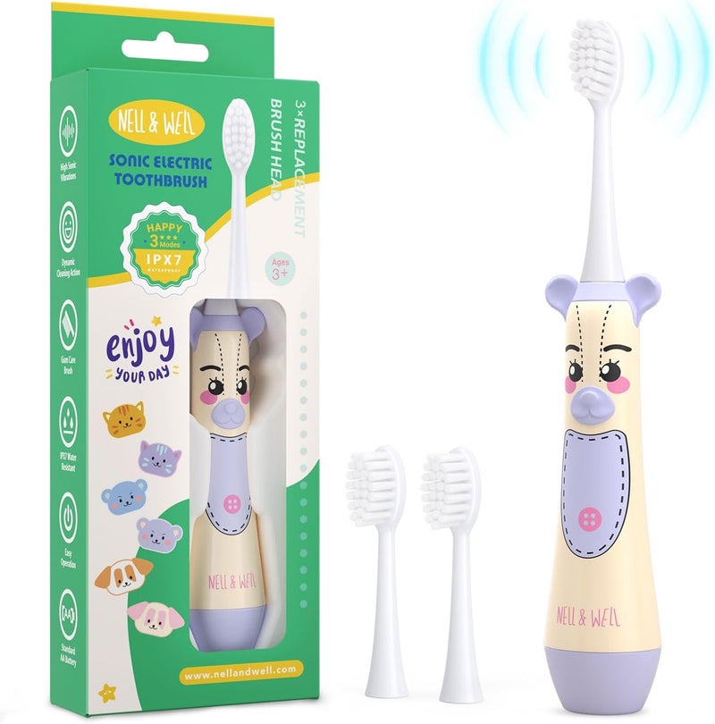 NELLWELL Kids Electric Toothbrush, 2-Min Timer, 3 Modes with Memory, IPX 7 Waterproof, Battery Powered Kids Toothbrush with 3 Soft Bristles Heads for Children Boys and Girls Ages 3+… - Image 1
